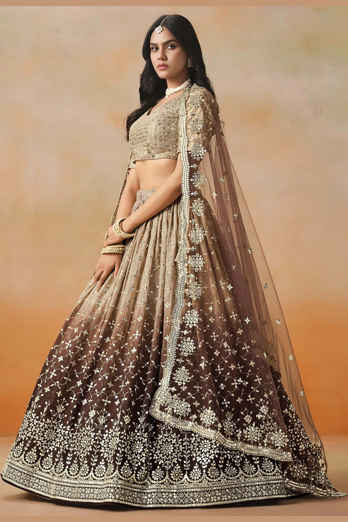 Brown Georgette Lehenga Choli For Indian & Pakistani Wedding Festival - Sequins & Thread Embroidery Work, Zari Work