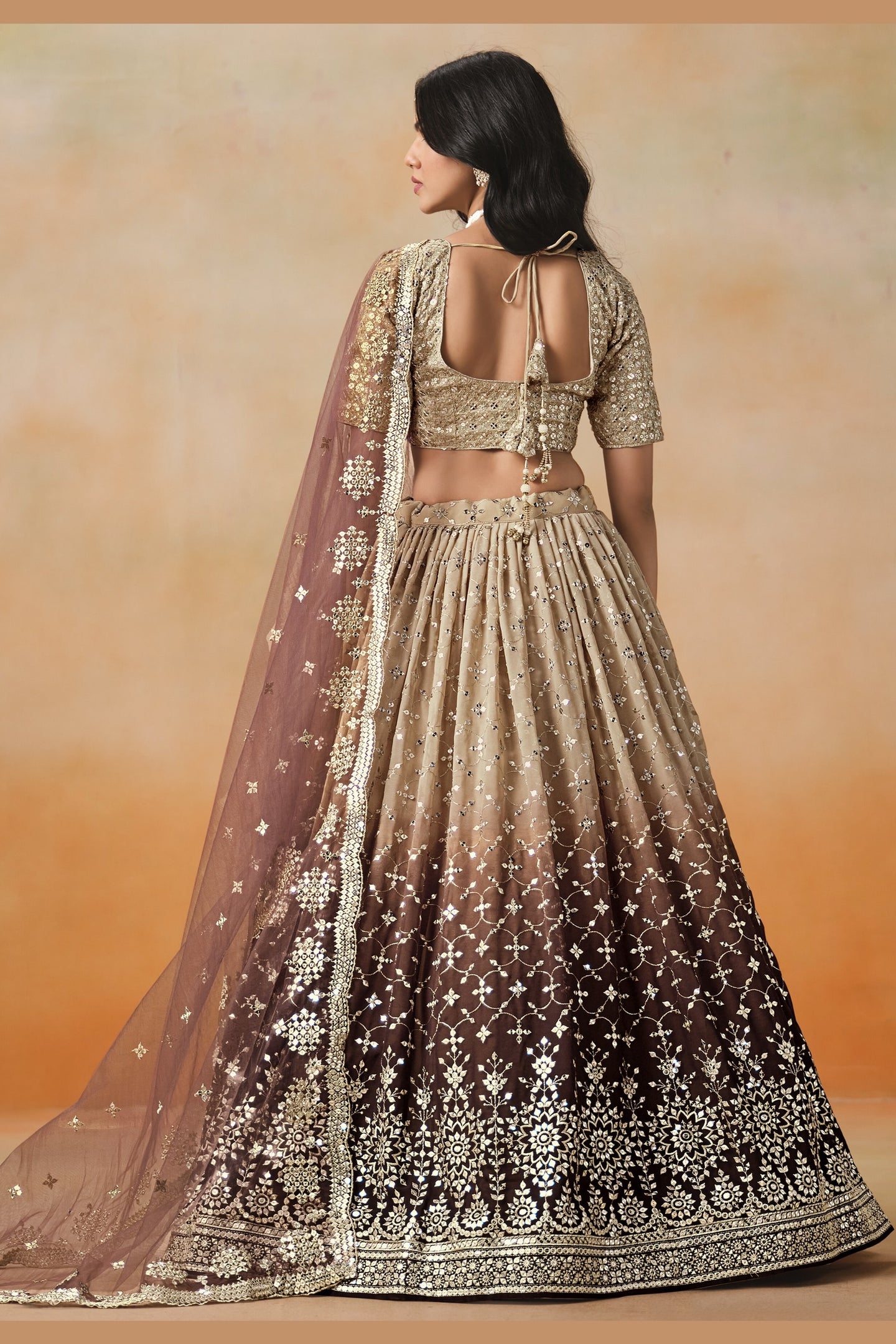 Brown Georgette Lehenga Choli For Indian & Pakistani Wedding Festival - Sequins & Thread Embroidery Work, Zari Work