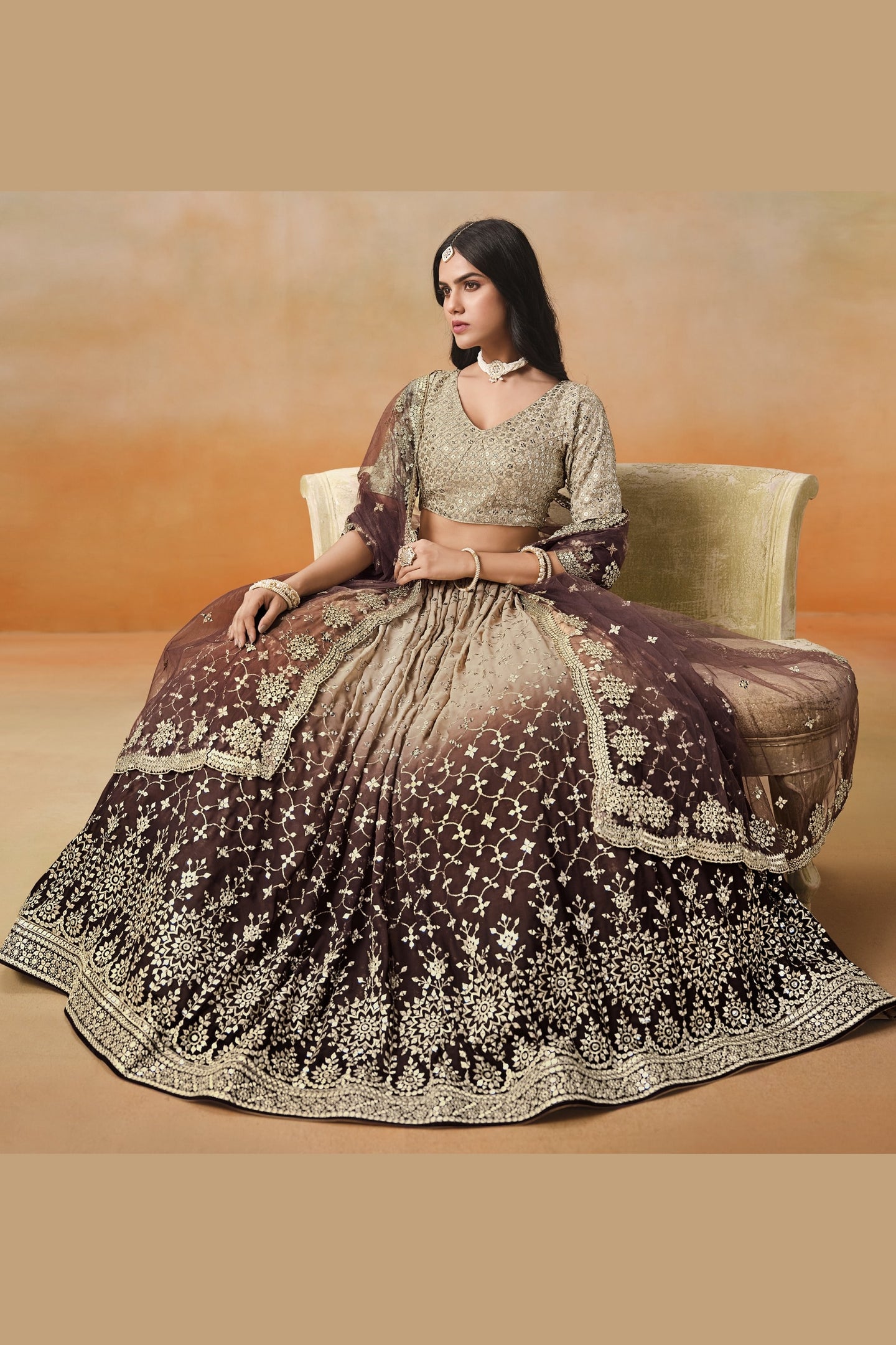 Brown Georgette Lehenga Choli For Indian & Pakistani Wedding Festival - Sequins & Thread Embroidery Work, Zari Work