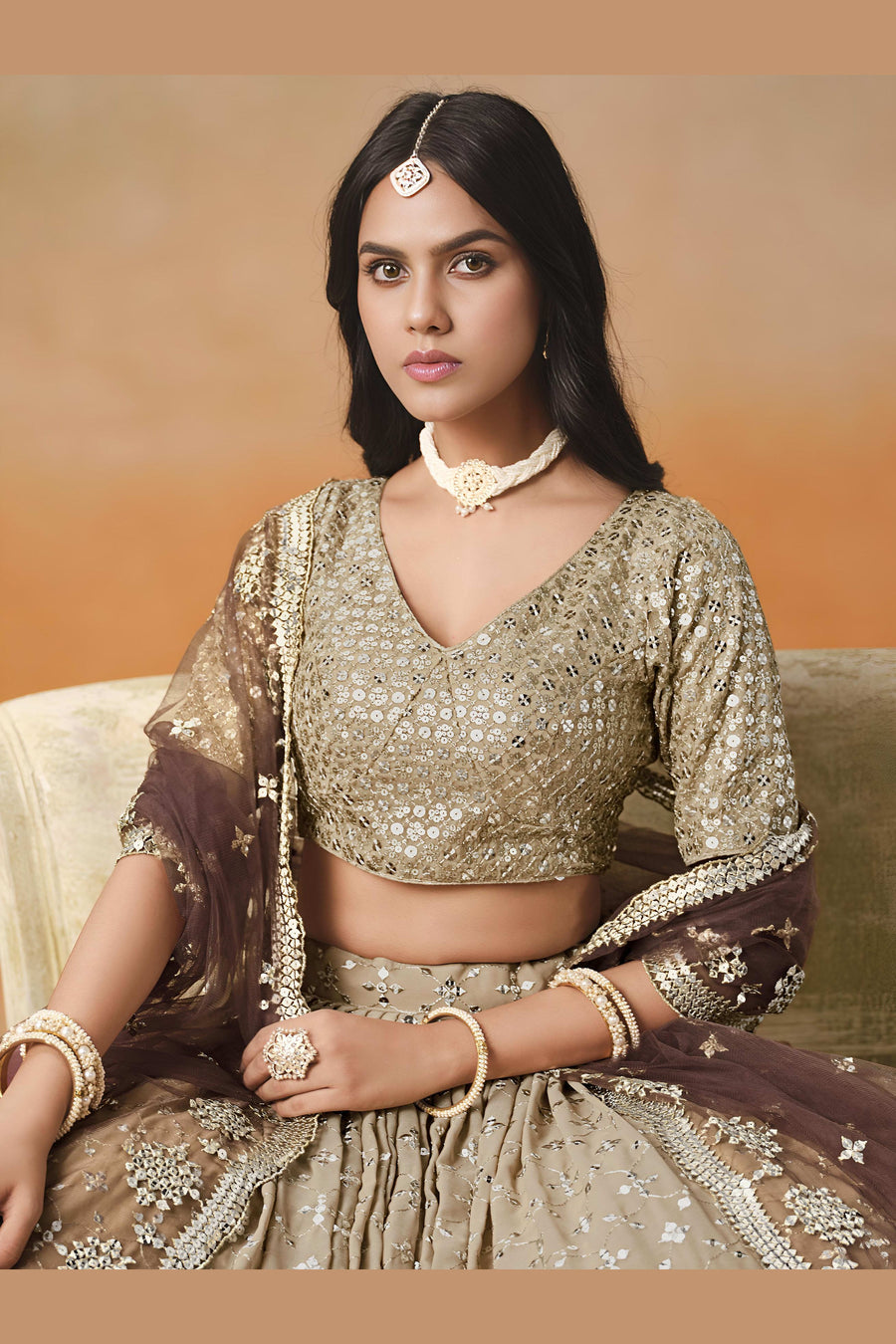 Brown Georgette Lehenga Choli For Indian & Pakistani Wedding Festival - Sequins & Thread Embroidery Work, Zari Work