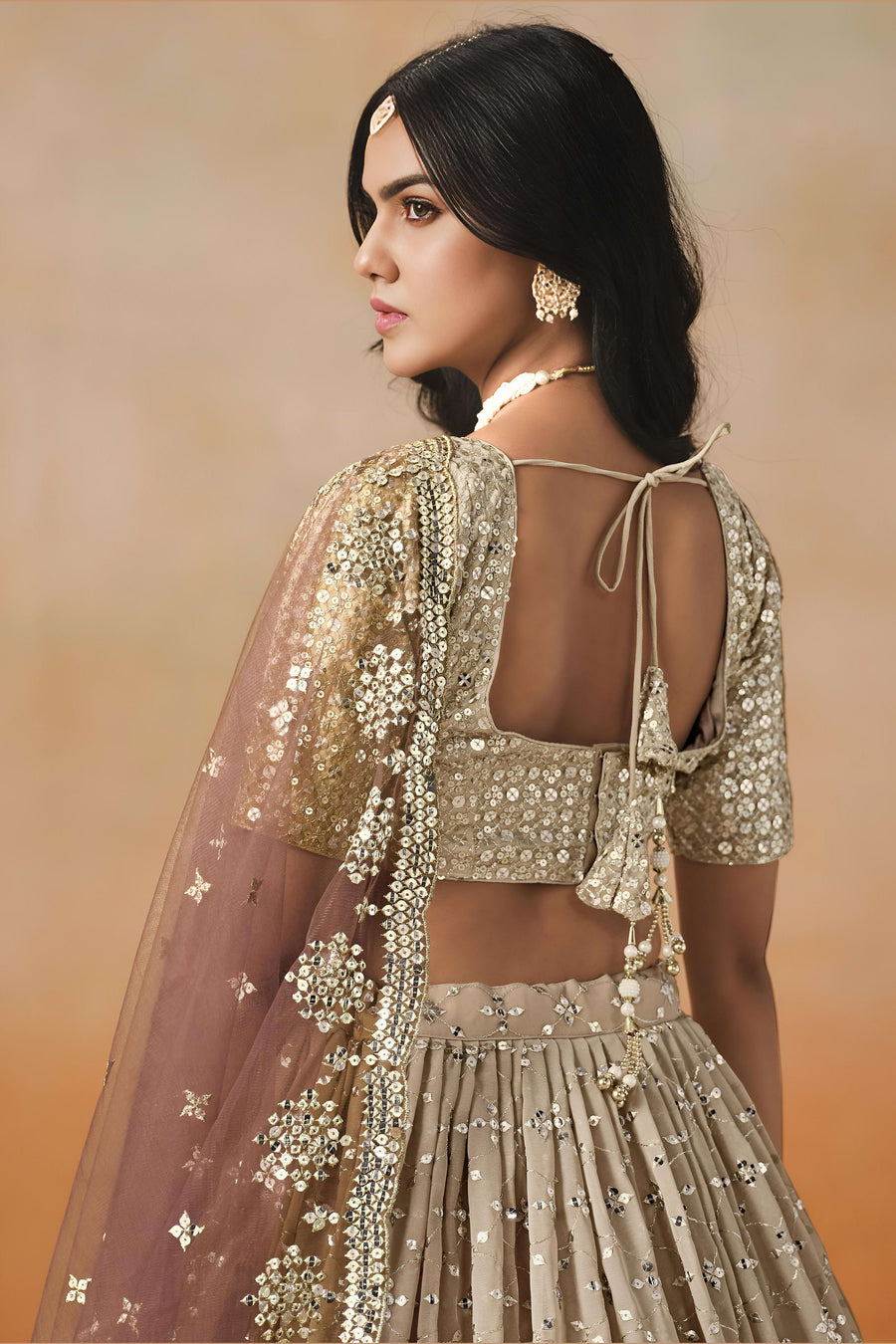 Brown Georgette Lehenga Choli For Indian & Pakistani Wedding Festival - Sequins & Thread Embroidery Work, Zari Work