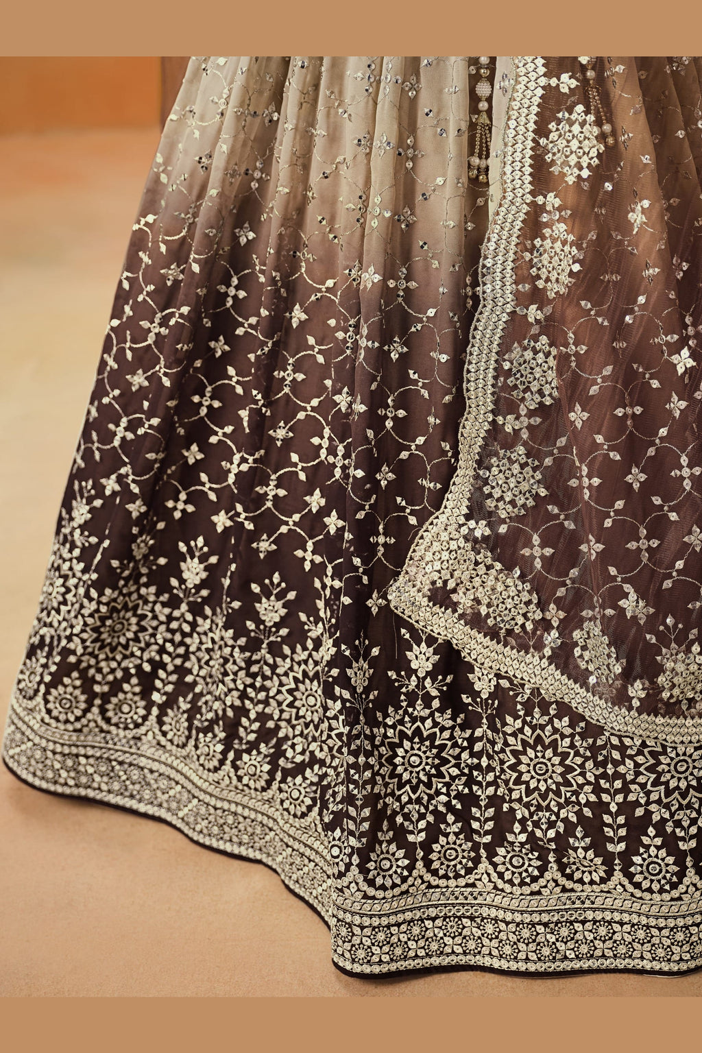 Brown Georgette Lehenga Choli For Indian & Pakistani Wedding Festival - Sequins & Thread Embroidery Work, Zari Work