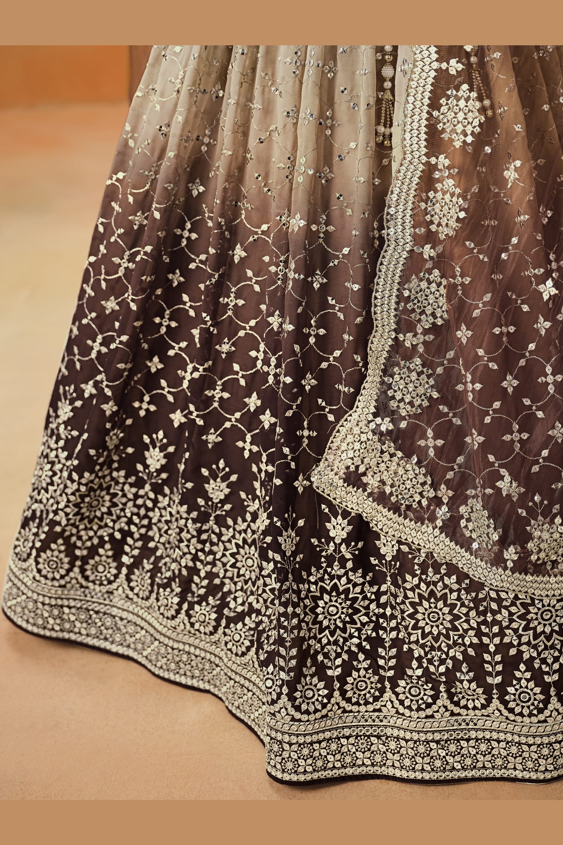 Brown Georgette Lehenga Choli For Indian & Pakistani Wedding Festival - Sequins & Thread Embroidery Work, Zari Work