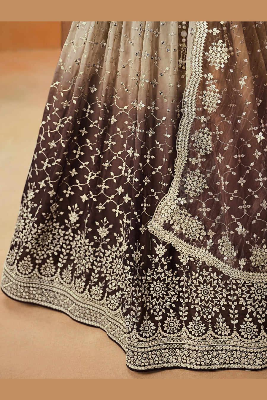 Brown Georgette Lehenga Choli For Indian & Pakistani Wedding Festival - Sequins & Thread Embroidery Work, Zari Work