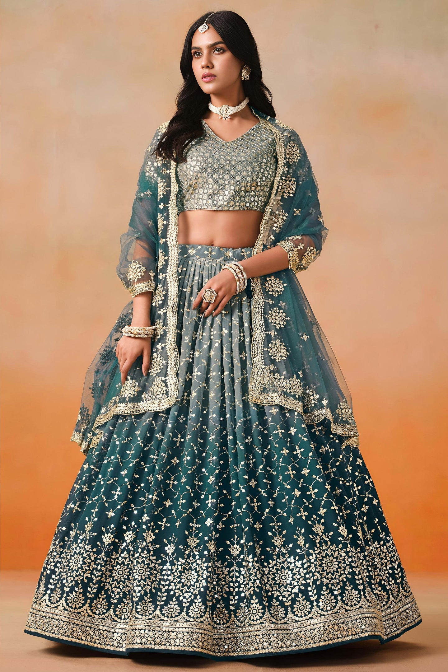 Dove Blue Georgette Lehenga Choli For Indian & Pakistani Wedding Festival - Sequins & Thread Embroidery Work, Zari Work