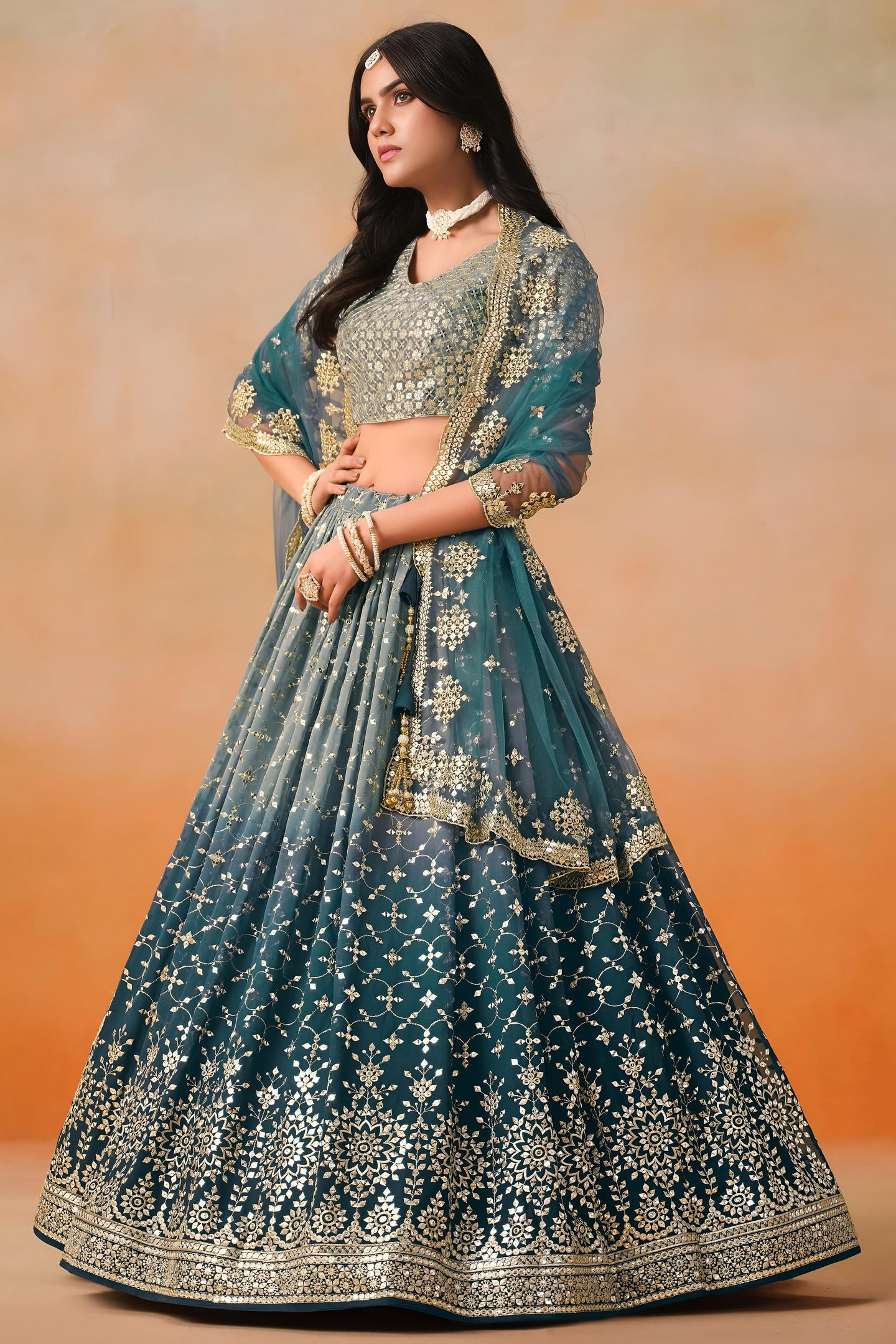 Dove Blue Georgette Lehenga Choli For Indian & Pakistani Wedding Festival - Sequins & Thread Embroidery Work, Zari Work