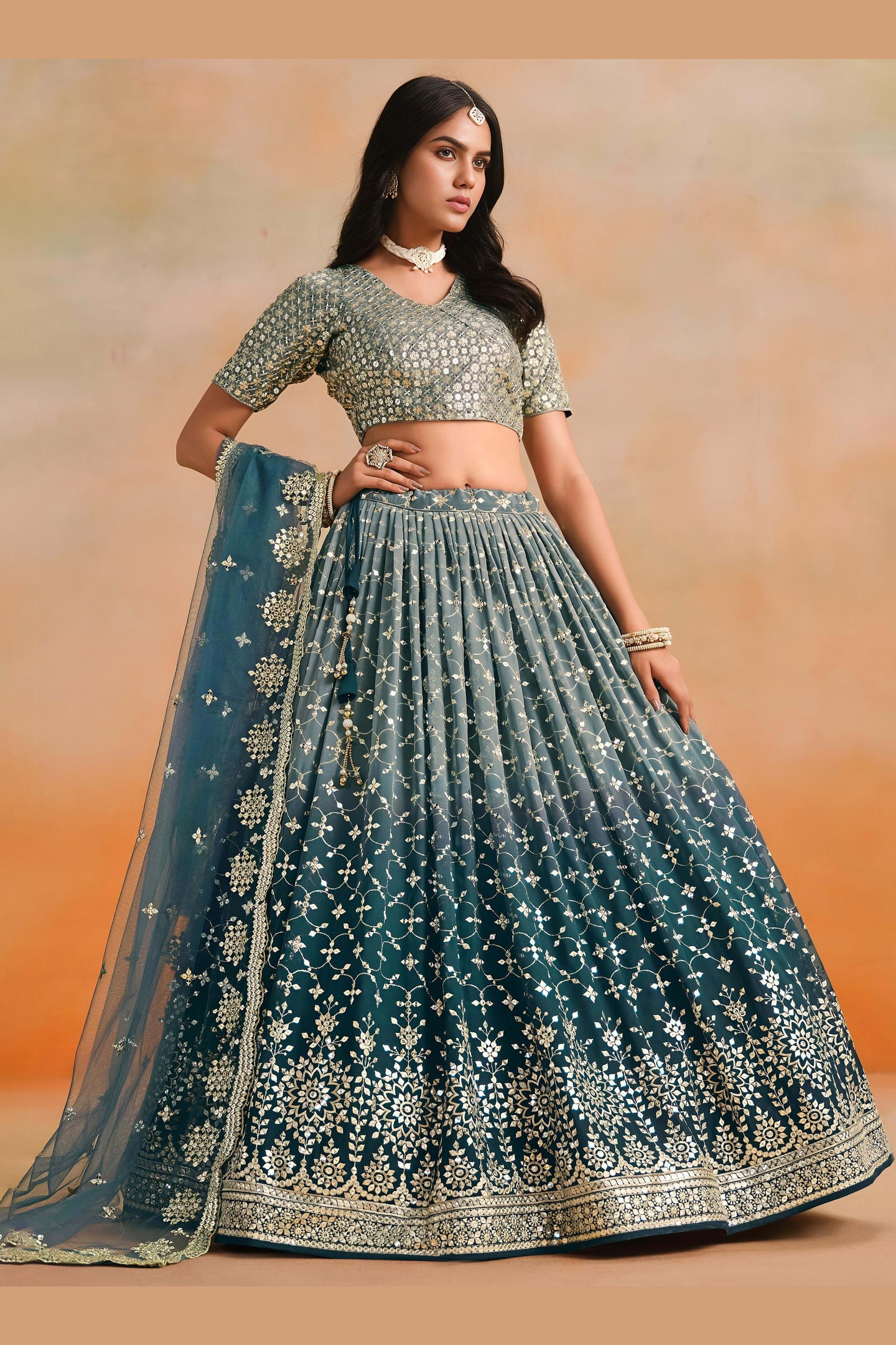 Dove Blue Georgette Lehenga Choli For Indian & Pakistani Wedding Festival - Sequins & Thread Embroidery Work, Zari Work