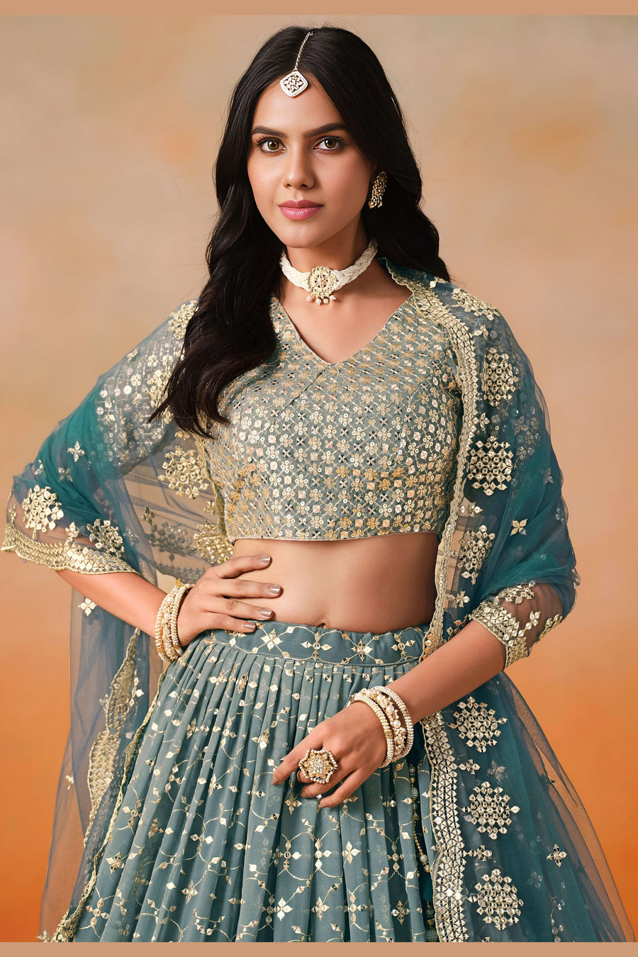 Dove Blue Georgette Lehenga Choli For Indian & Pakistani Wedding Festival - Sequins & Thread Embroidery Work, Zari Work