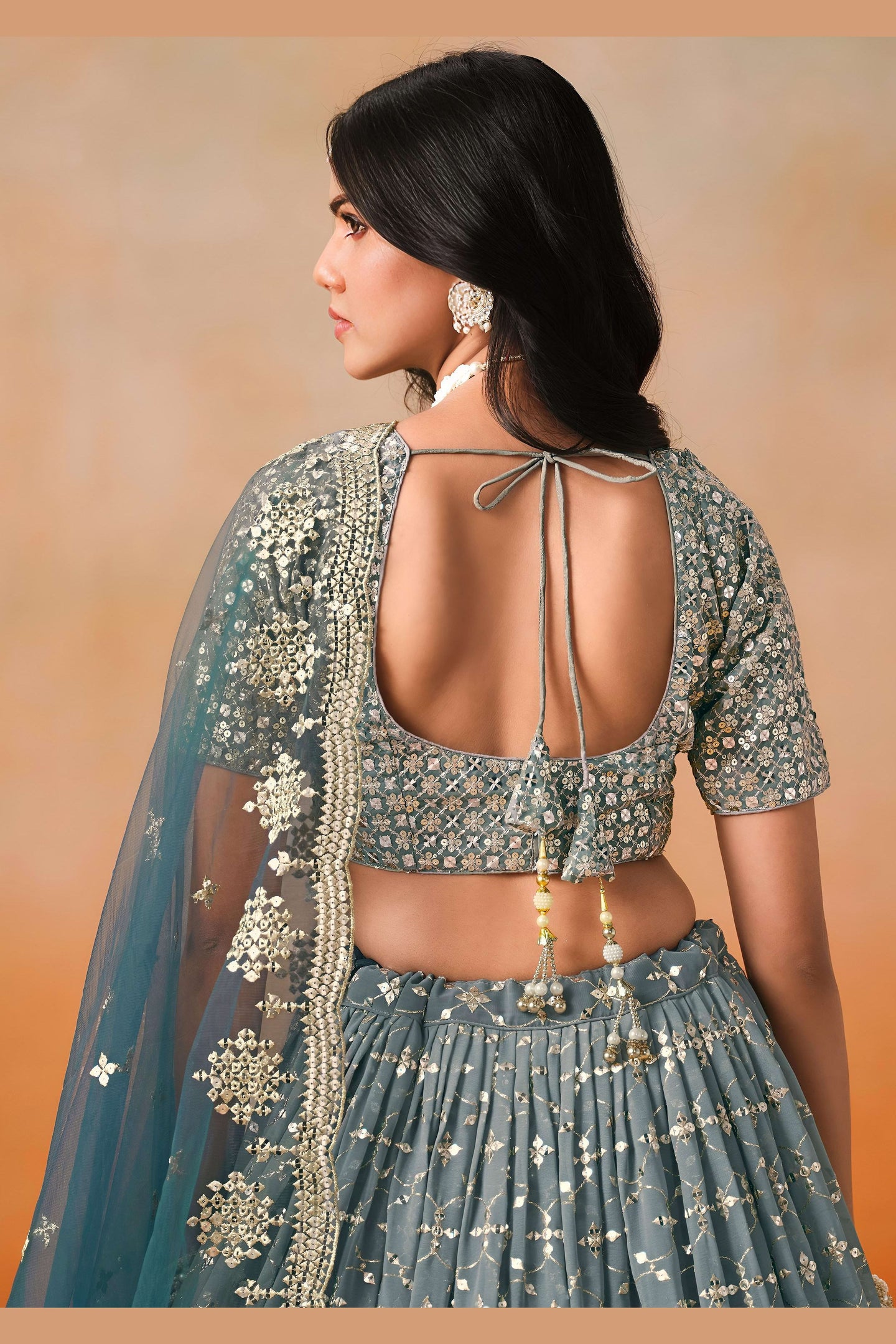 Dove Blue Georgette Lehenga Choli For Indian & Pakistani Wedding Festival - Sequins & Thread Embroidery Work, Zari Work
