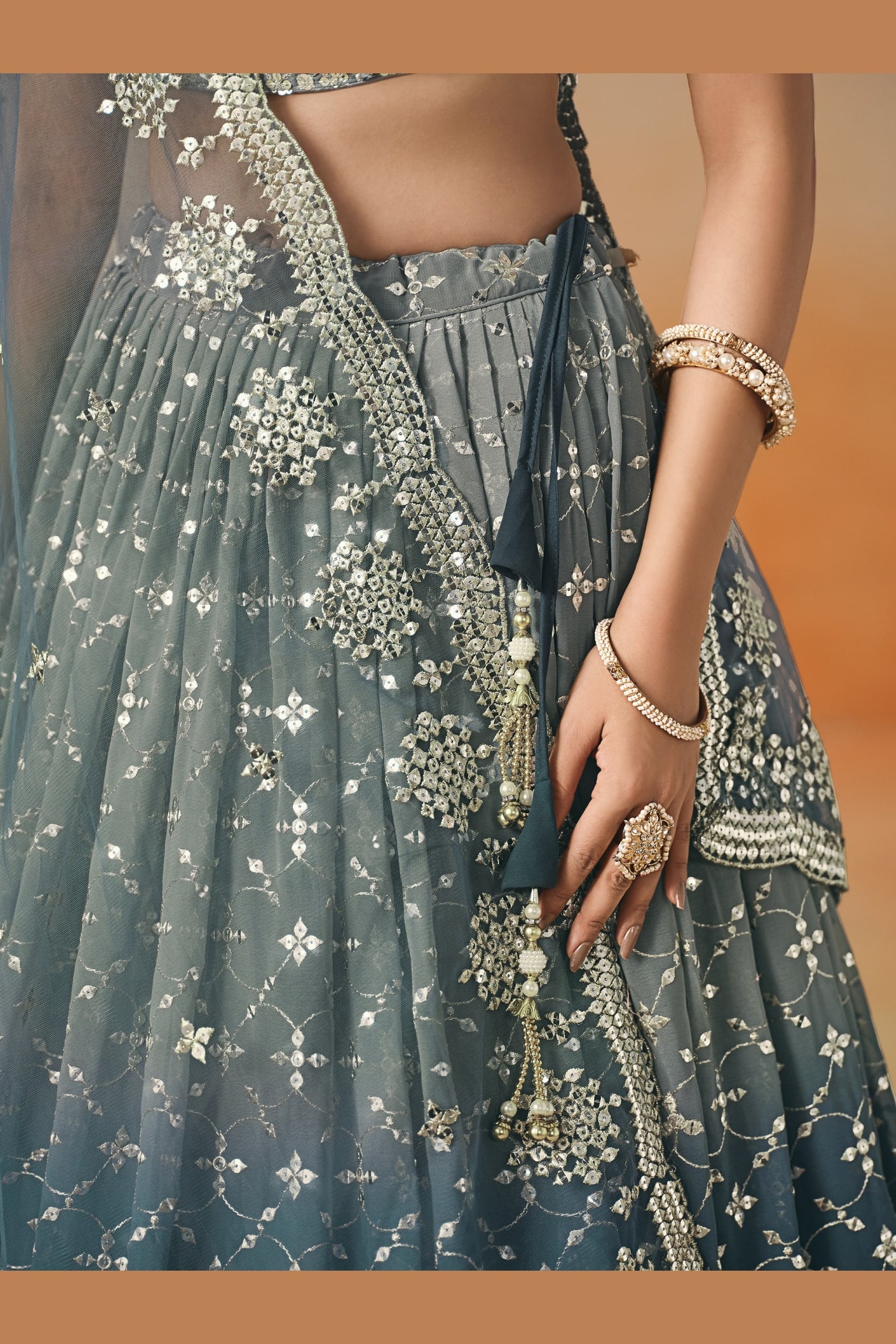 Dove Blue Georgette Lehenga Choli For Indian & Pakistani Wedding Festival - Sequins & Thread Embroidery Work, Zari Work