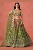 Olive Green Georgette Lehenga Choli For Indian & Pakistani Wedding Festival - Sequins & Thread Embroidery Work, Zari Work