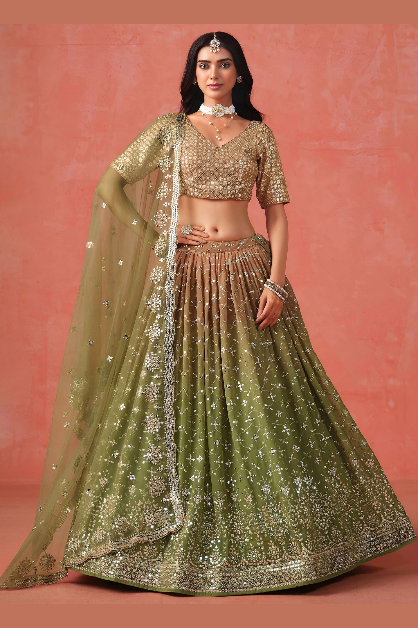 Olive Green Georgette Lehenga Choli For Indian & Pakistani Wedding Festival - Sequins & Thread Embroidery Work, Zari Work