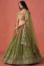 Olive Green Georgette Lehenga Choli For Indian & Pakistani Wedding Festival - Sequins & Thread Embroidery Work, Zari Work