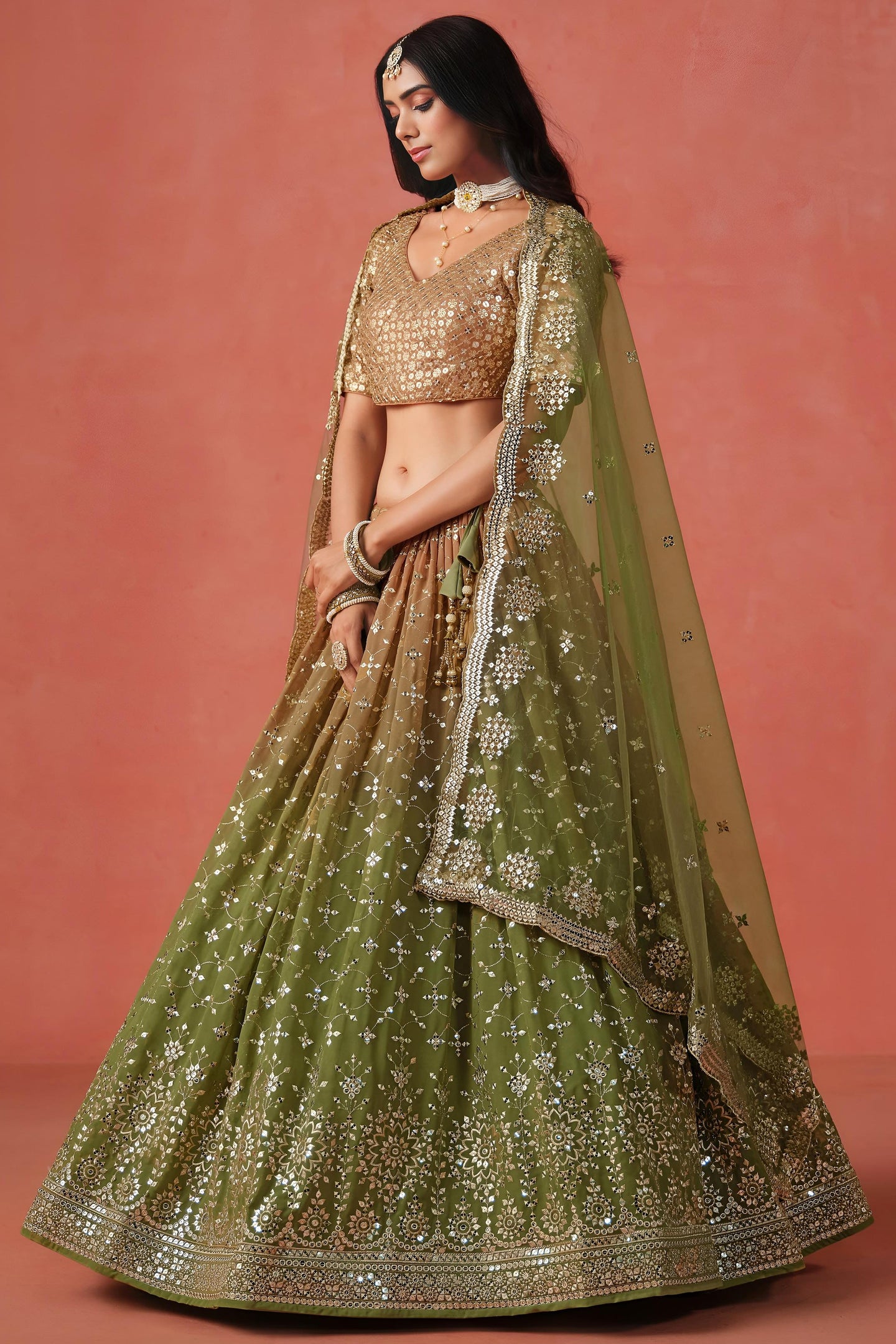 Olive Green Georgette Lehenga Choli For Indian & Pakistani Wedding Festival - Sequins & Thread Embroidery Work, Zari Work