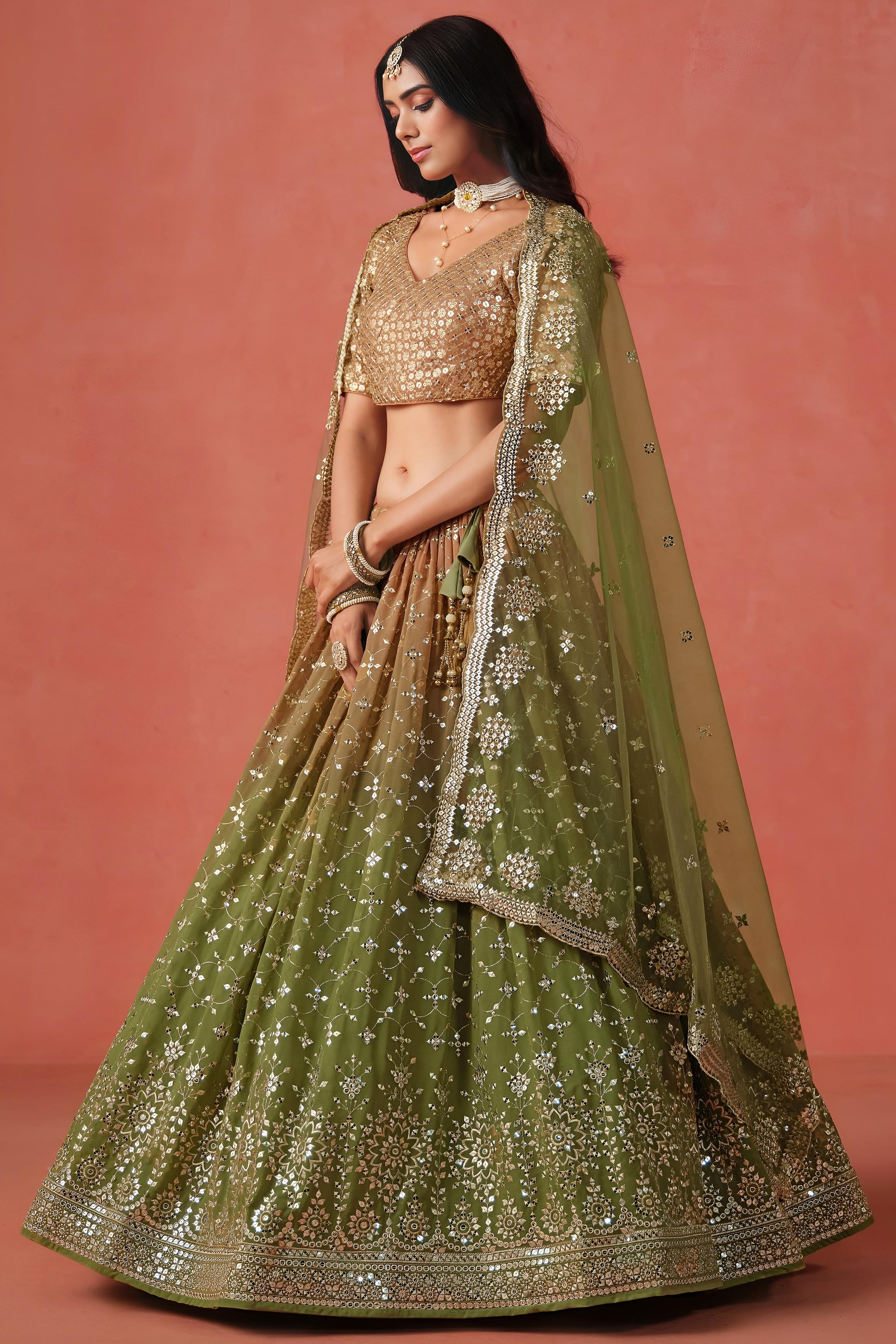 Olive Green Georgette Lehenga Choli For Indian & Pakistani Wedding Festival - Sequins & Thread Embroidery Work, Zari Work