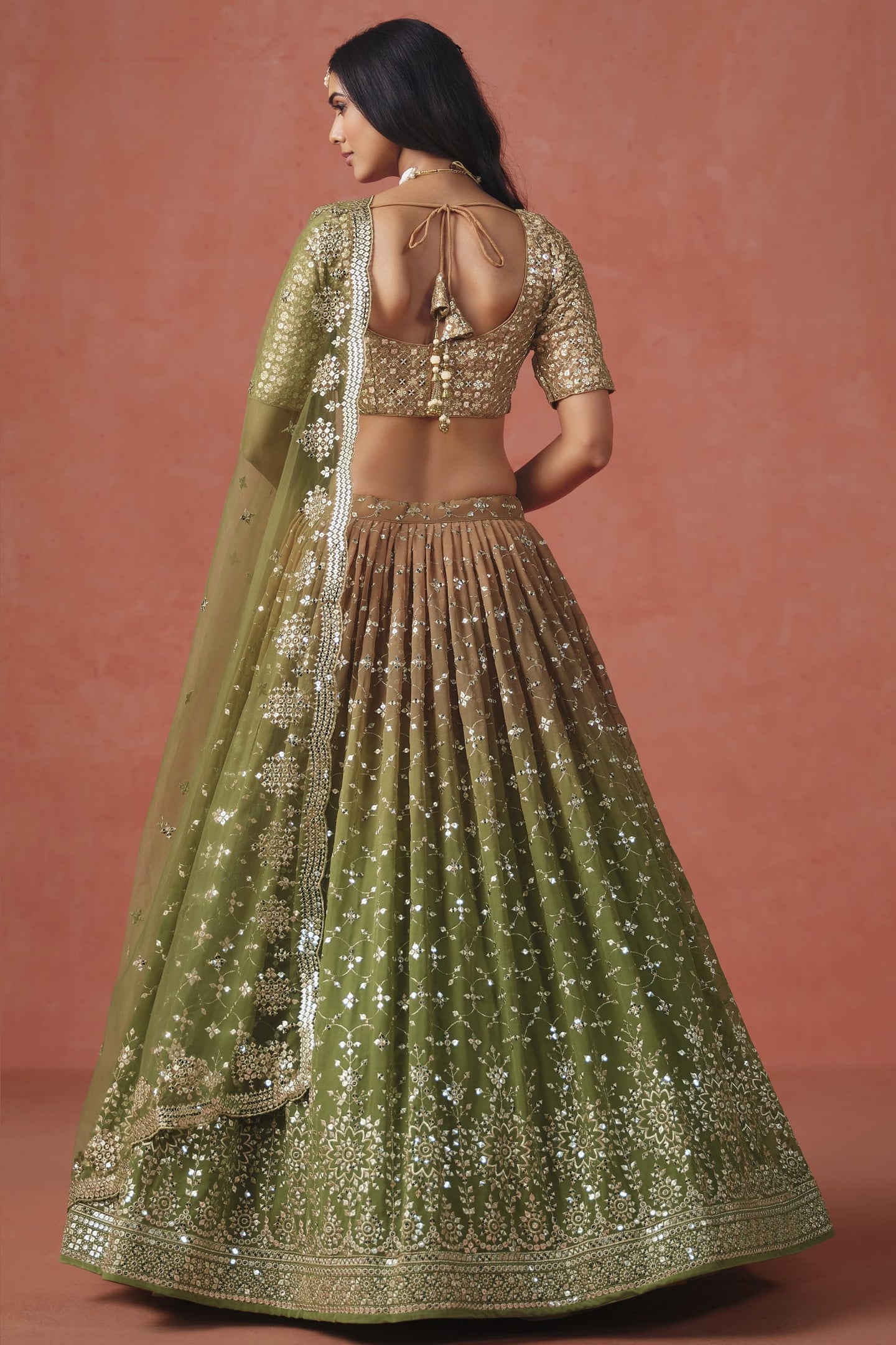 Olive Green Georgette Lehenga Choli For Indian & Pakistani Wedding Festival - Sequins & Thread Embroidery Work, Zari Work