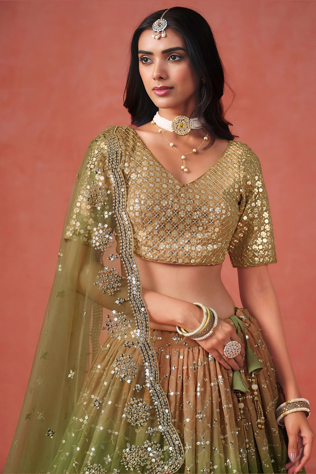 Olive Green Georgette Lehenga Choli For Indian & Pakistani Wedding Festival - Sequins & Thread Embroidery Work, Zari Work