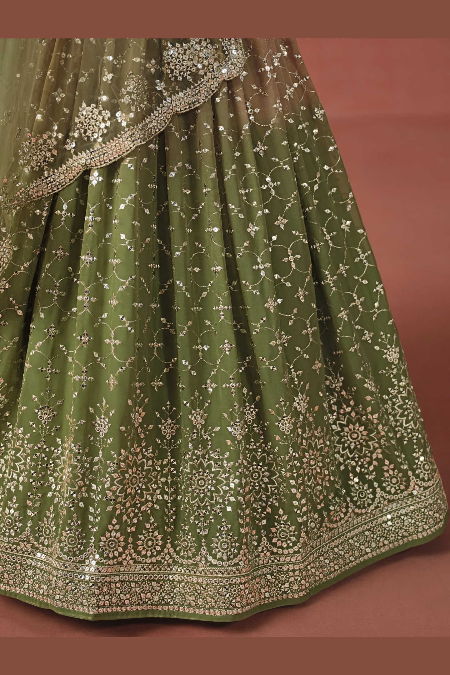 Olive Green Georgette Lehenga Choli For Indian & Pakistani Wedding Festival - Sequins & Thread Embroidery Work, Zari Work