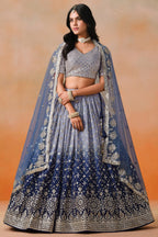 Navy Blue Georgette Lehenga Choli For Indian & Pakistani Wedding Festival - Sequins & Thread Embroidery Work, Zari Work