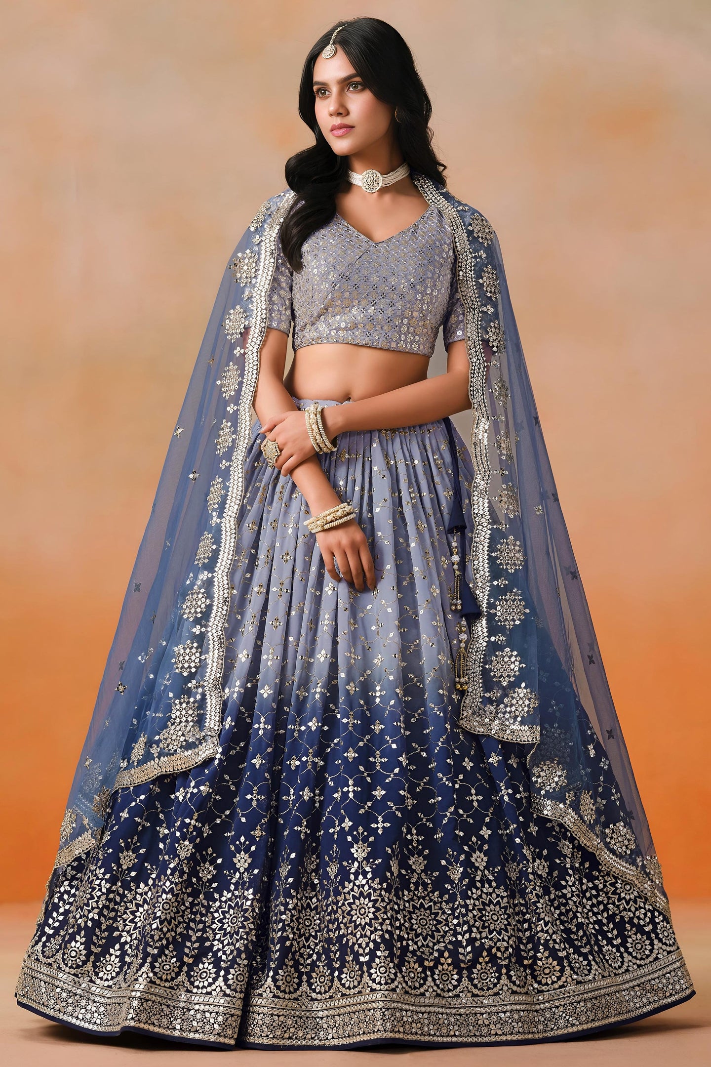 Navy Blue Georgette Lehenga Choli For Indian & Pakistani Wedding Festival - Sequins & Thread Embroidery Work, Zari Work