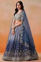 Navy Blue Georgette Lehenga Choli For Indian & Pakistani Wedding Festival - Sequins & Thread Embroidery Work, Zari Work