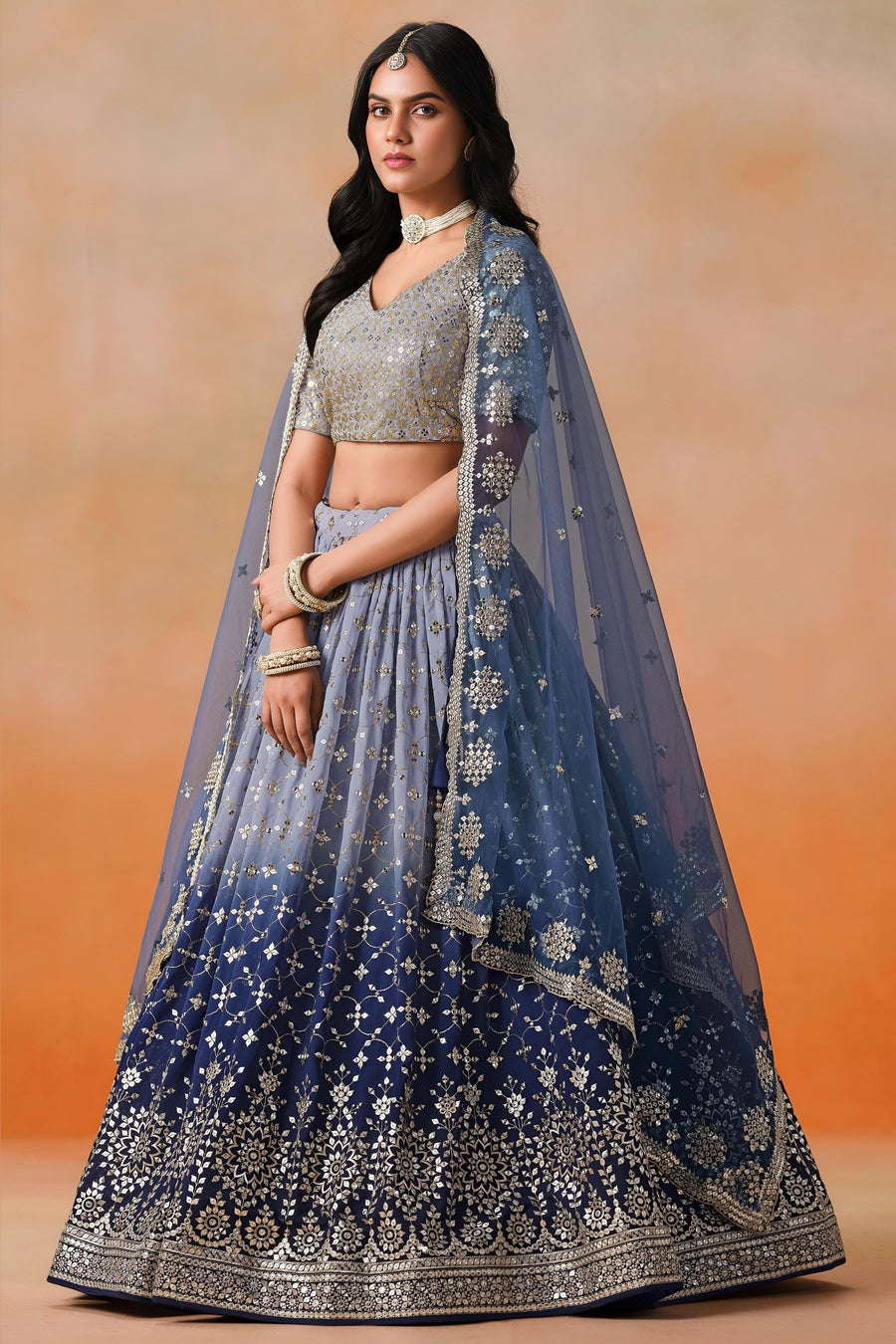 Navy Blue Georgette Lehenga Choli For Indian & Pakistani Wedding Festival - Sequins & Thread Embroidery Work, Zari Work