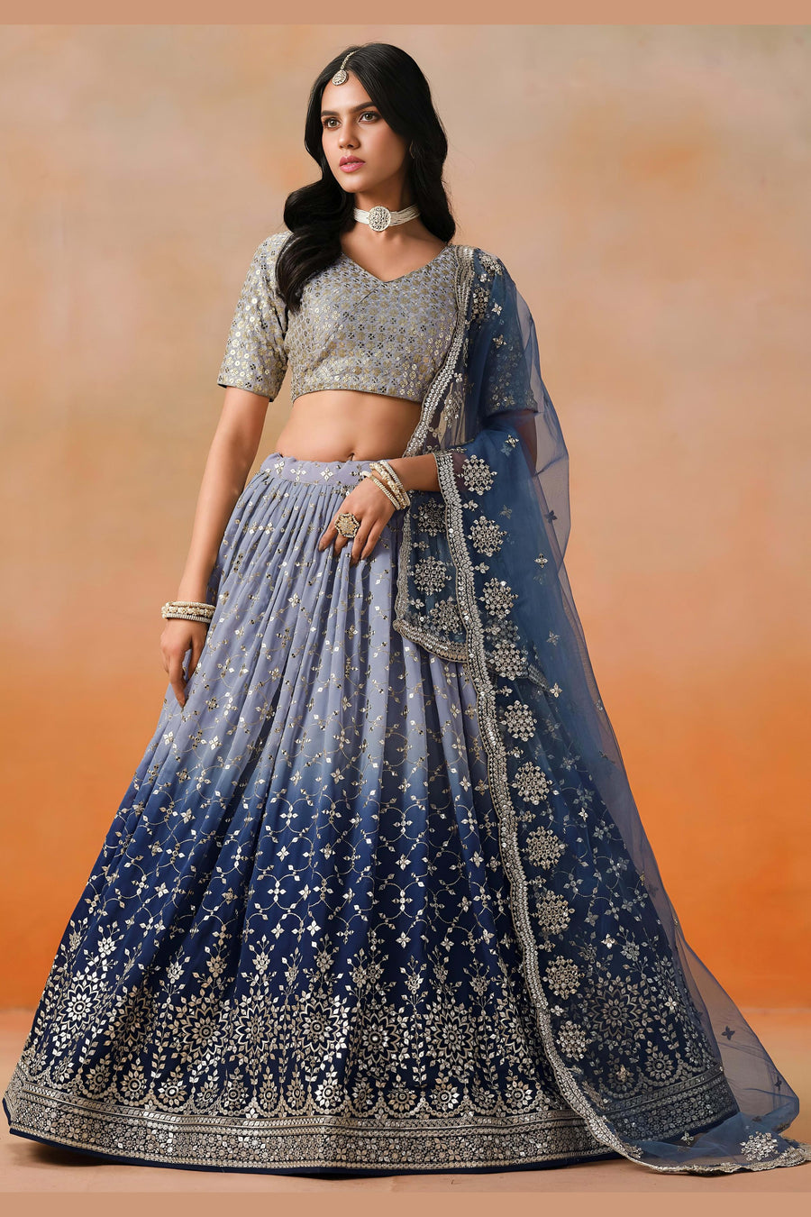 Navy Blue Georgette Lehenga Choli For Indian & Pakistani Wedding Festival - Sequins & Thread Embroidery Work, Zari Work
