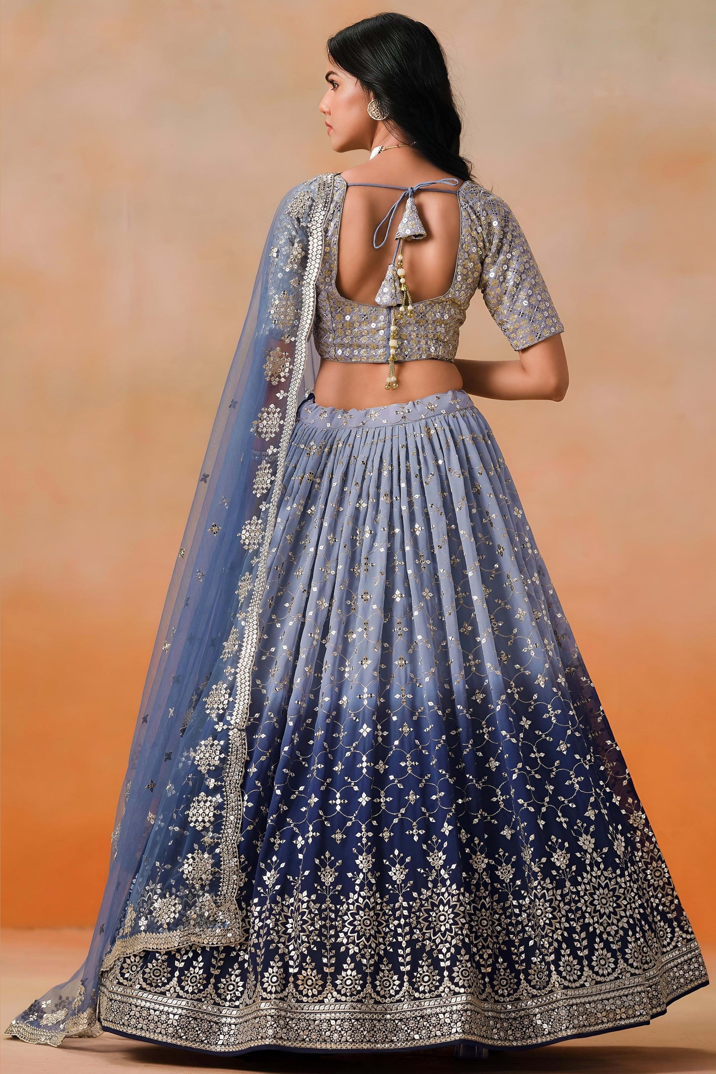 Navy Blue Georgette Lehenga Choli For Indian & Pakistani Wedding Festival - Sequins & Thread Embroidery Work, Zari Work