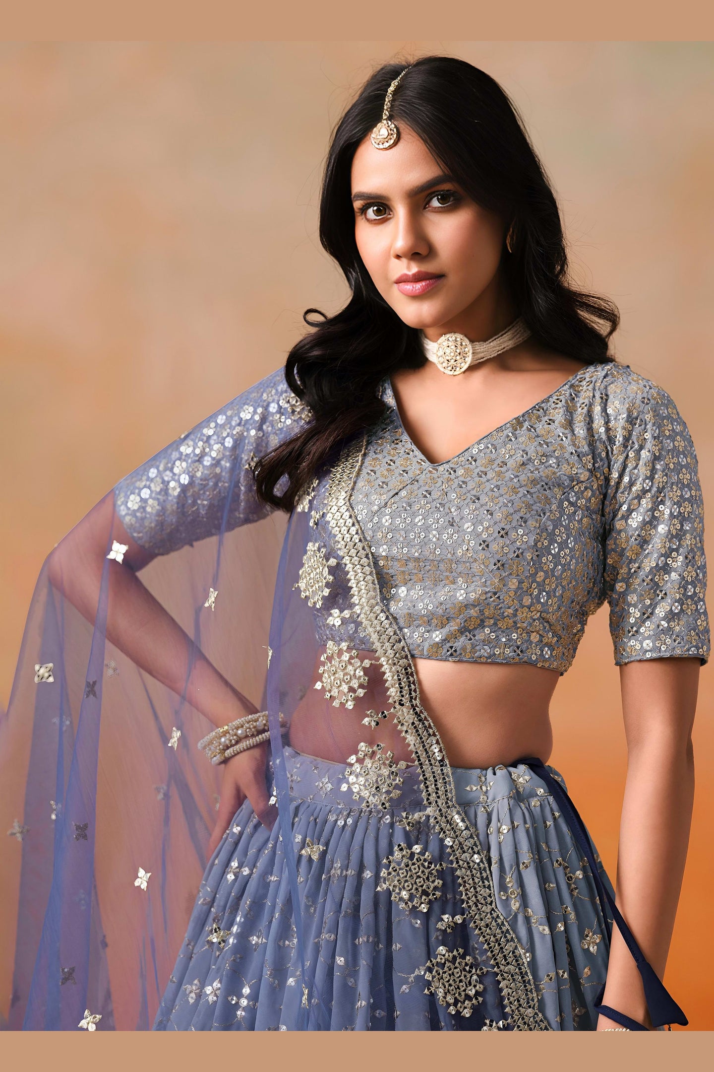 Navy Blue Georgette Lehenga Choli For Indian & Pakistani Wedding Festival - Sequins & Thread Embroidery Work, Zari Work