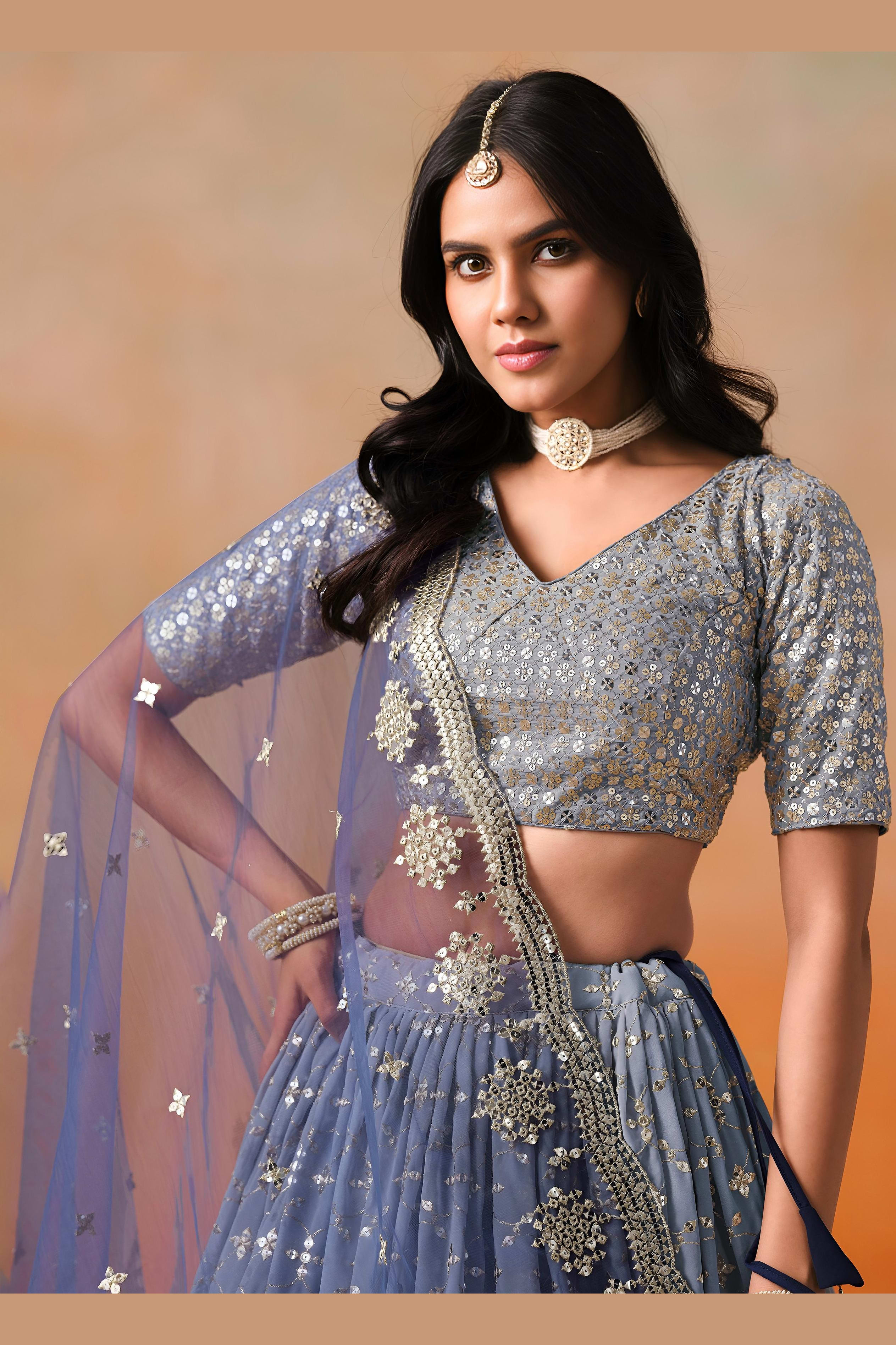 Navy Blue Georgette Lehenga Choli For Indian & Pakistani Wedding Festival - Sequins & Thread Embroidery Work, Zari Work