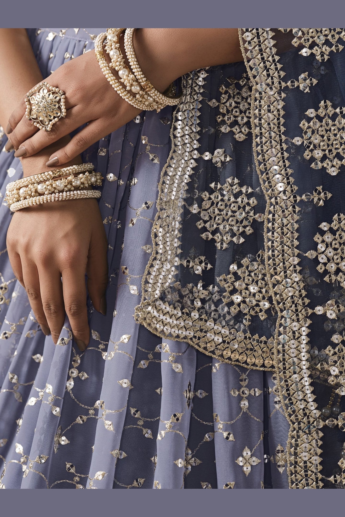Navy Blue Georgette Lehenga Choli For Indian & Pakistani Wedding Festival - Sequins & Thread Embroidery Work, Zari Work