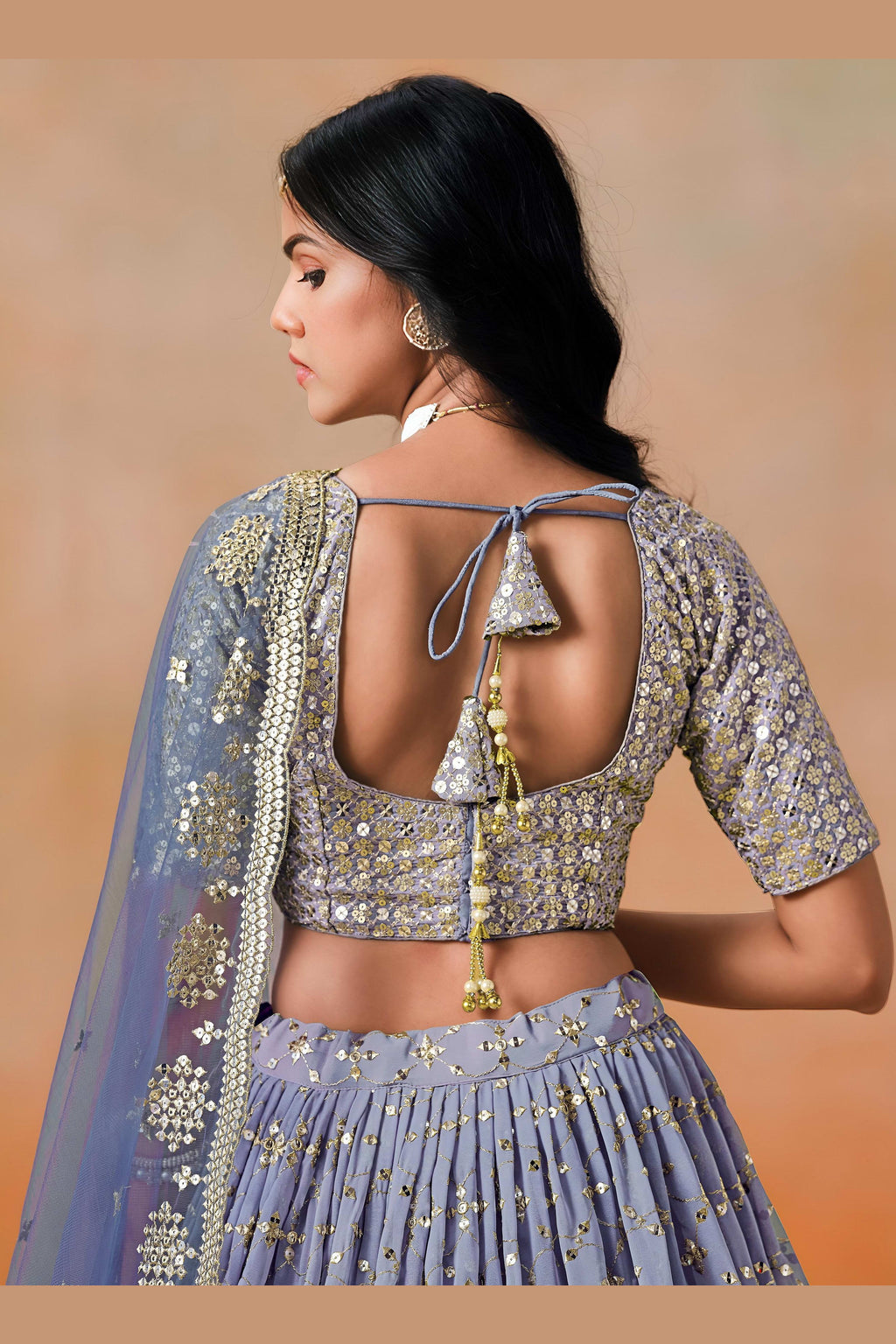 Navy Blue Georgette Lehenga Choli For Indian & Pakistani Wedding Festival - Sequins & Thread Embroidery Work, Zari Work