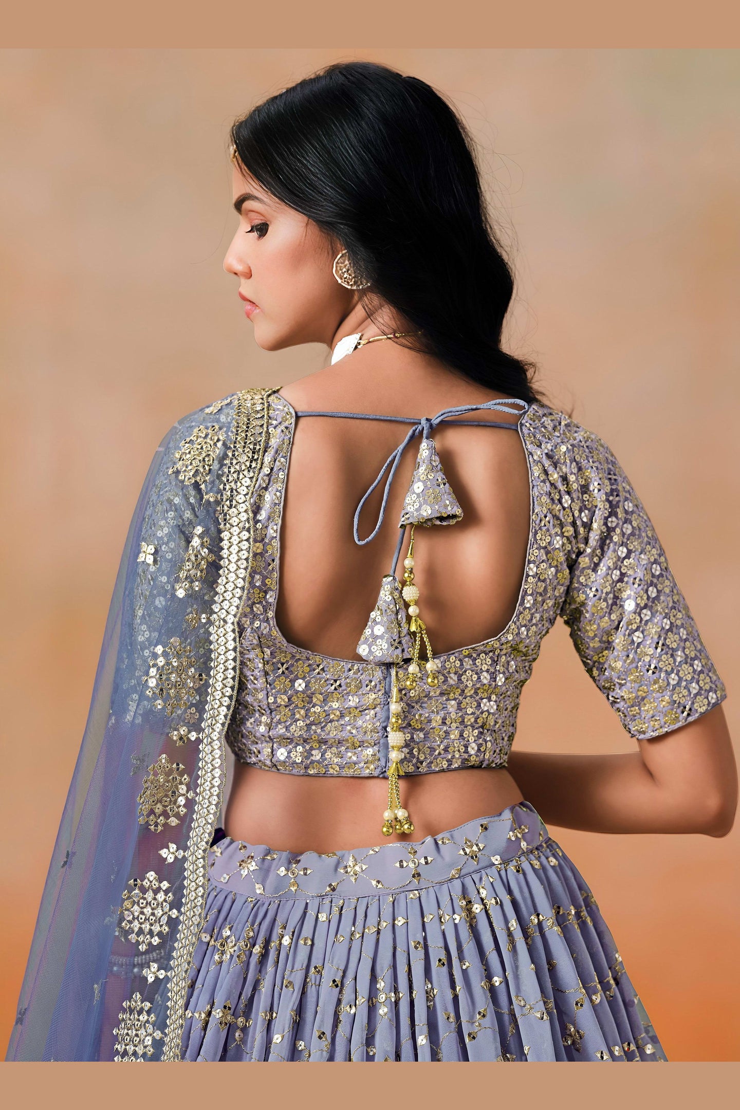 Navy Blue Georgette Lehenga Choli For Indian & Pakistani Wedding Festival - Sequins & Thread Embroidery Work, Zari Work