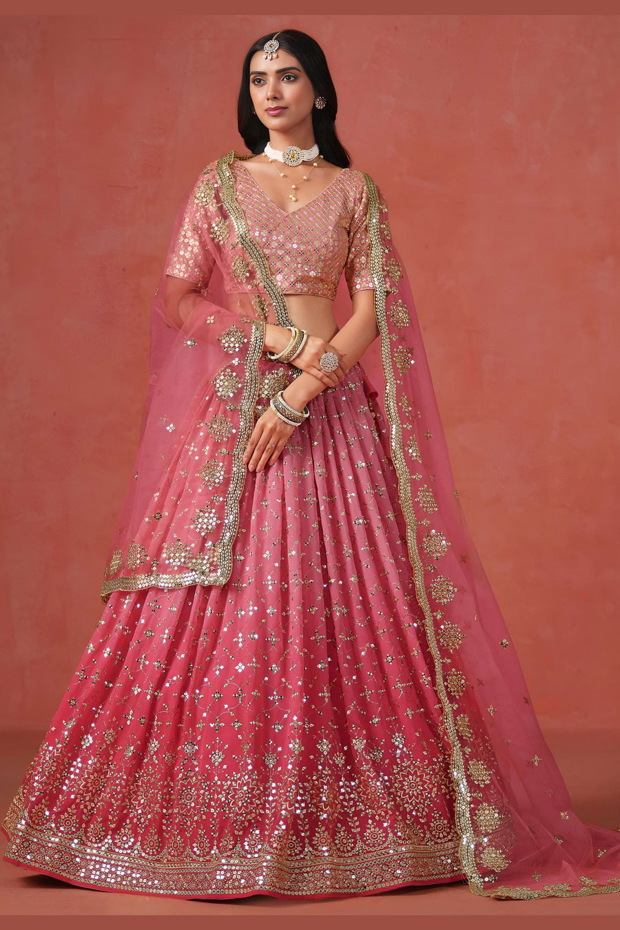 Pink Georgette Lehenga Choli For Indian & Pakistani Wedding Festival - Sequins & Thread Embroidery Work, Zari Work