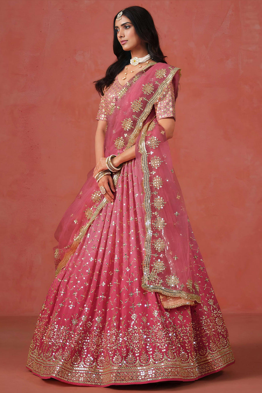 Pink Georgette Lehenga Choli For Indian & Pakistani Wedding Festival - Sequins & Thread Embroidery Work, Zari Work