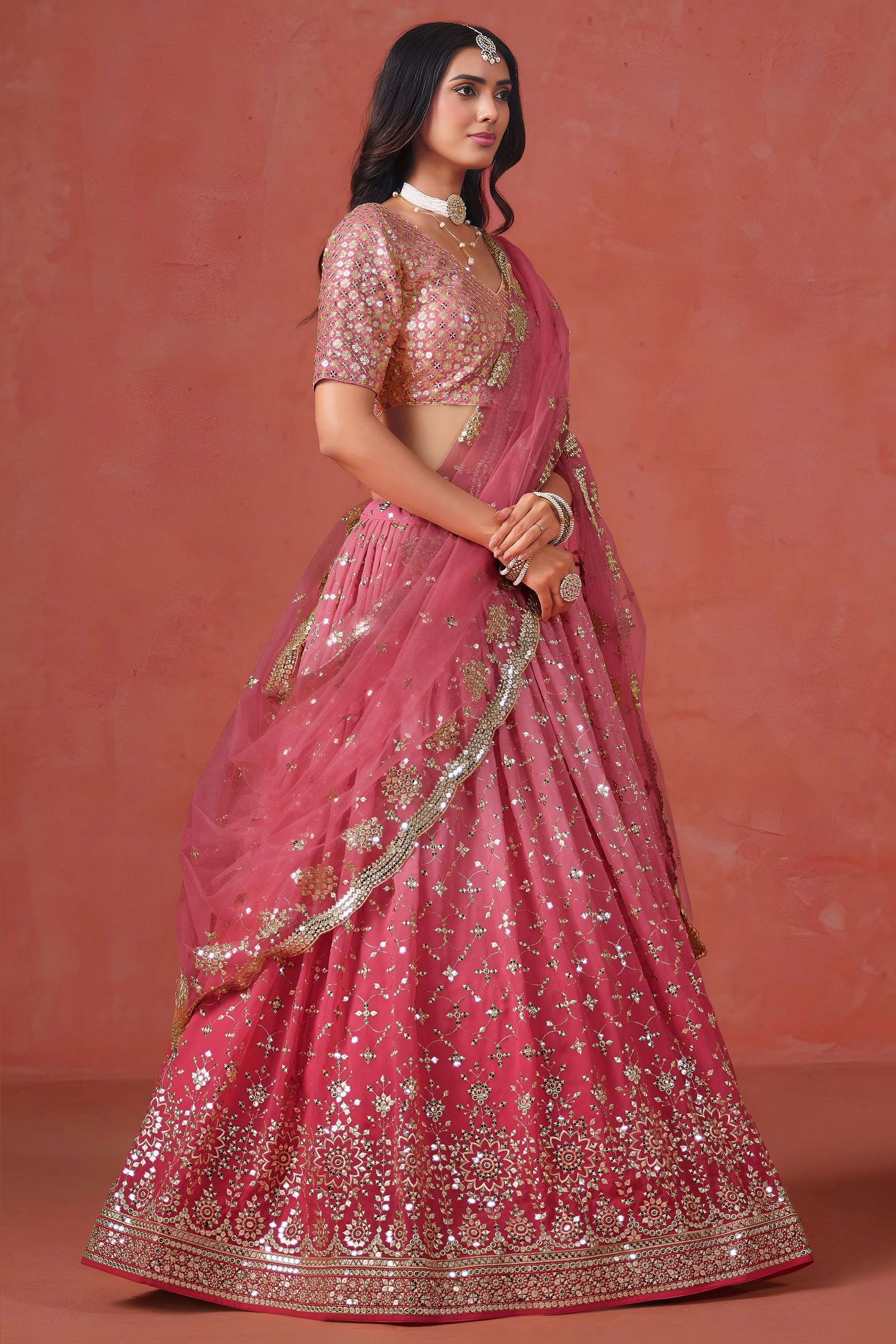 Pink Georgette Lehenga Choli For Indian & Pakistani Wedding Festival - Sequins & Thread Embroidery Work, Zari Work