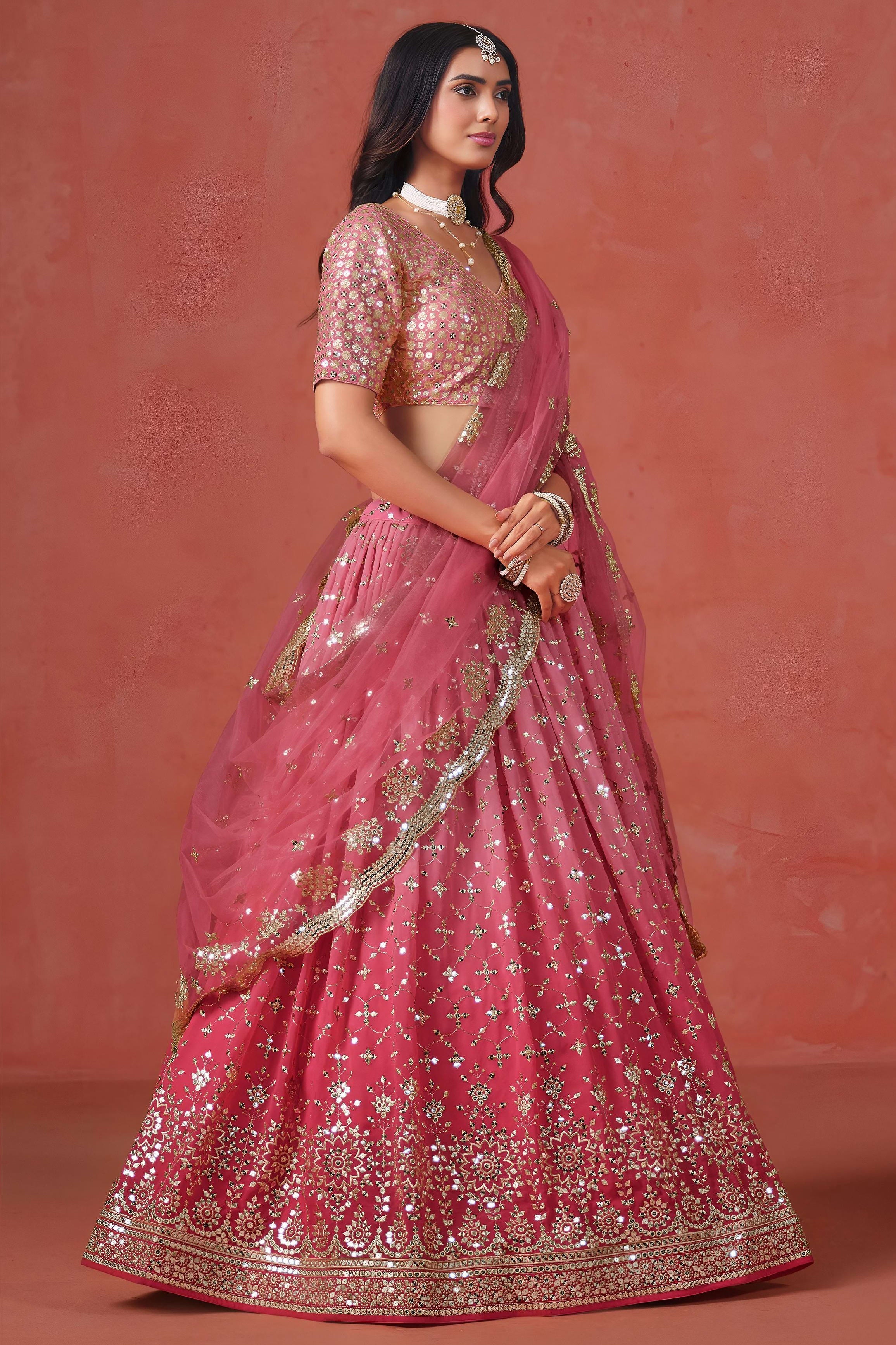 Pink Georgette Lehenga Choli For Indian & Pakistani Wedding Festival - Sequins & Thread Embroidery Work, Zari Work