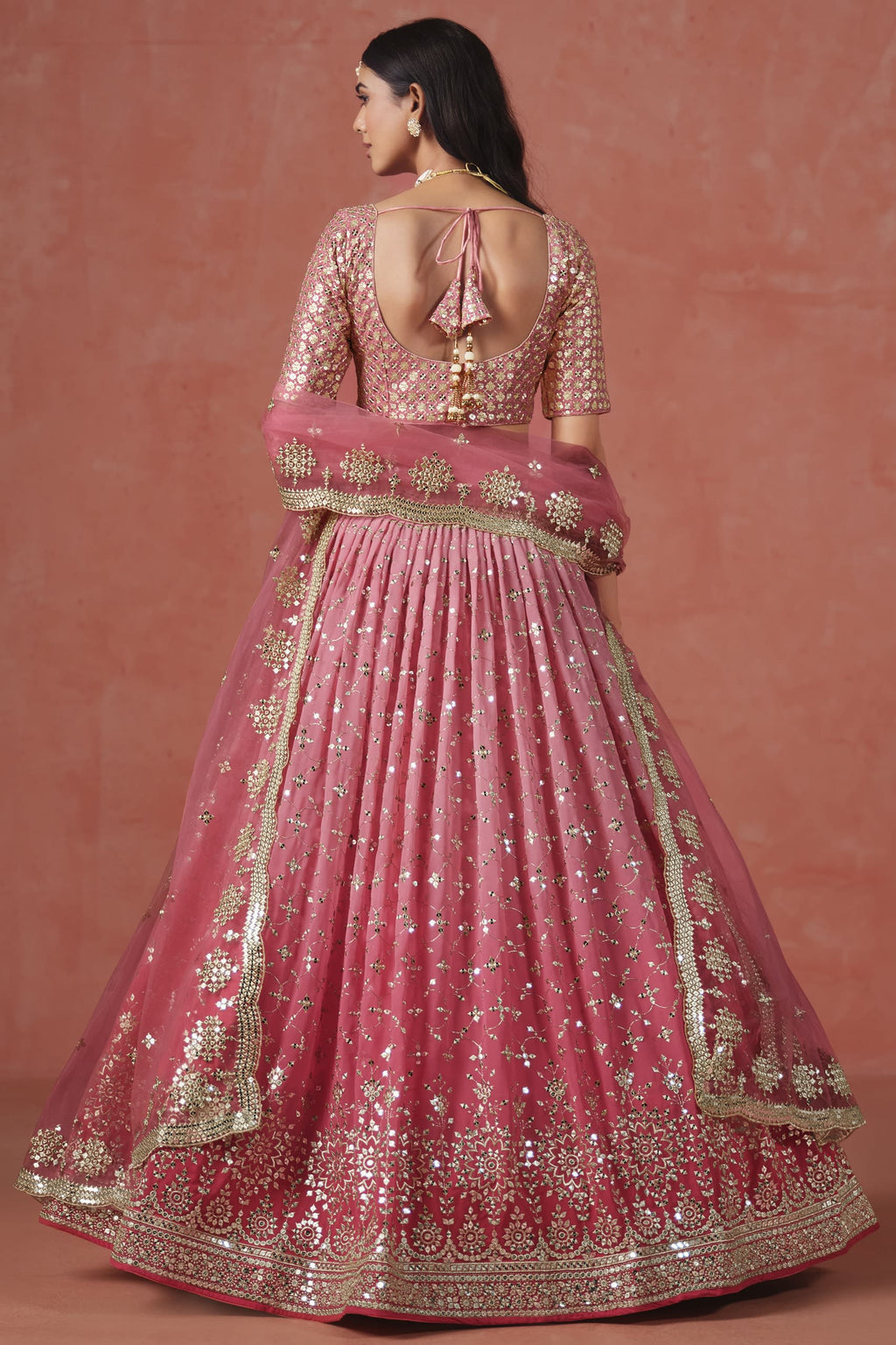 Pink Georgette Lehenga Choli For Indian & Pakistani Wedding Festival - Sequins & Thread Embroidery Work, Zari Work