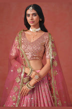 Pink Georgette Lehenga Choli For Indian & Pakistani Wedding Festival - Sequins & Thread Embroidery Work, Zari Work