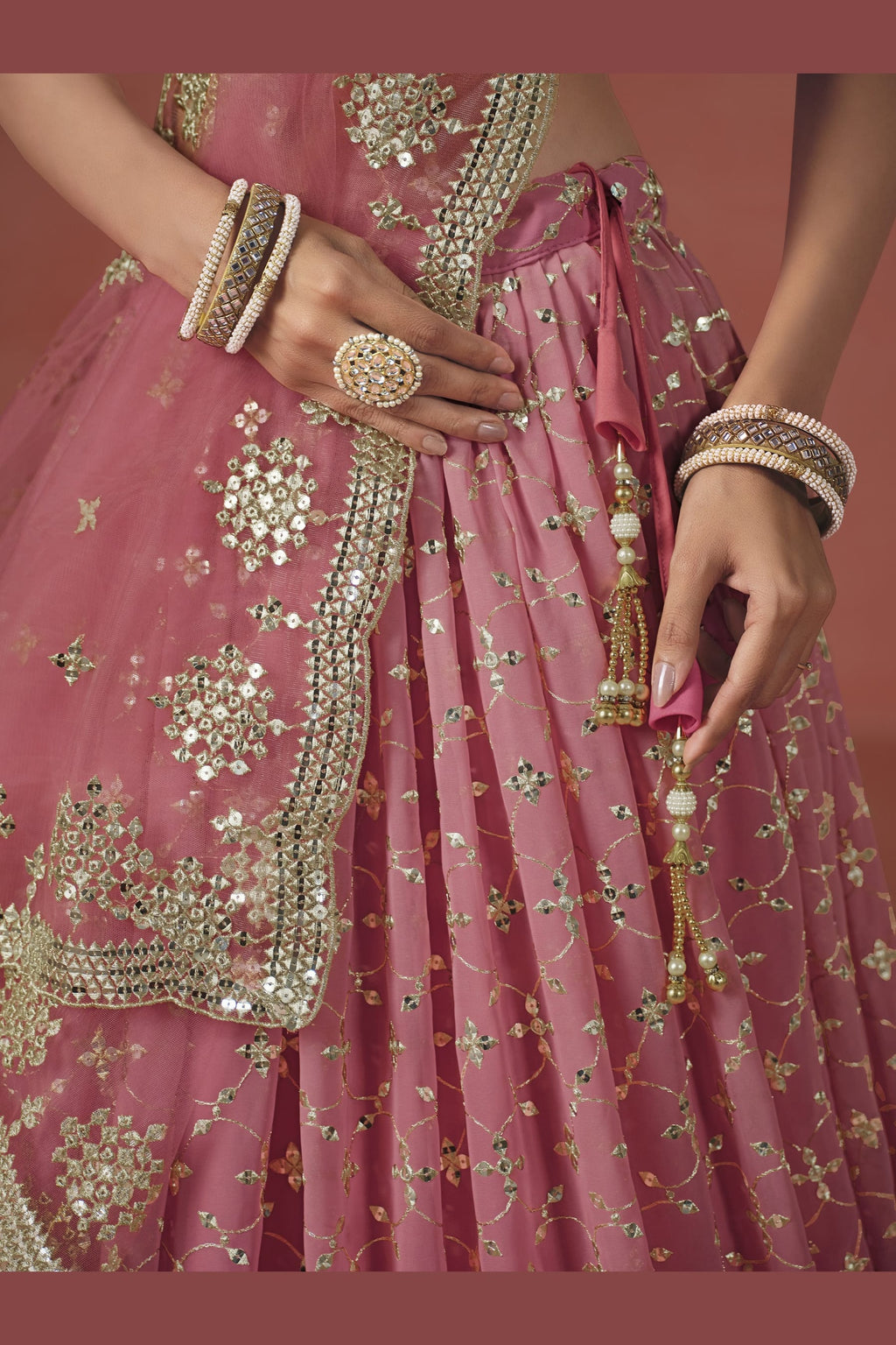 Pink Georgette Lehenga Choli For Indian & Pakistani Wedding Festival - Sequins & Thread Embroidery Work, Zari Work