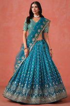 Teal Georgette Lehenga Choli For Indian & Pakistani Wedding Festival - Sequins & Thread Embroidery Work, Zari Work