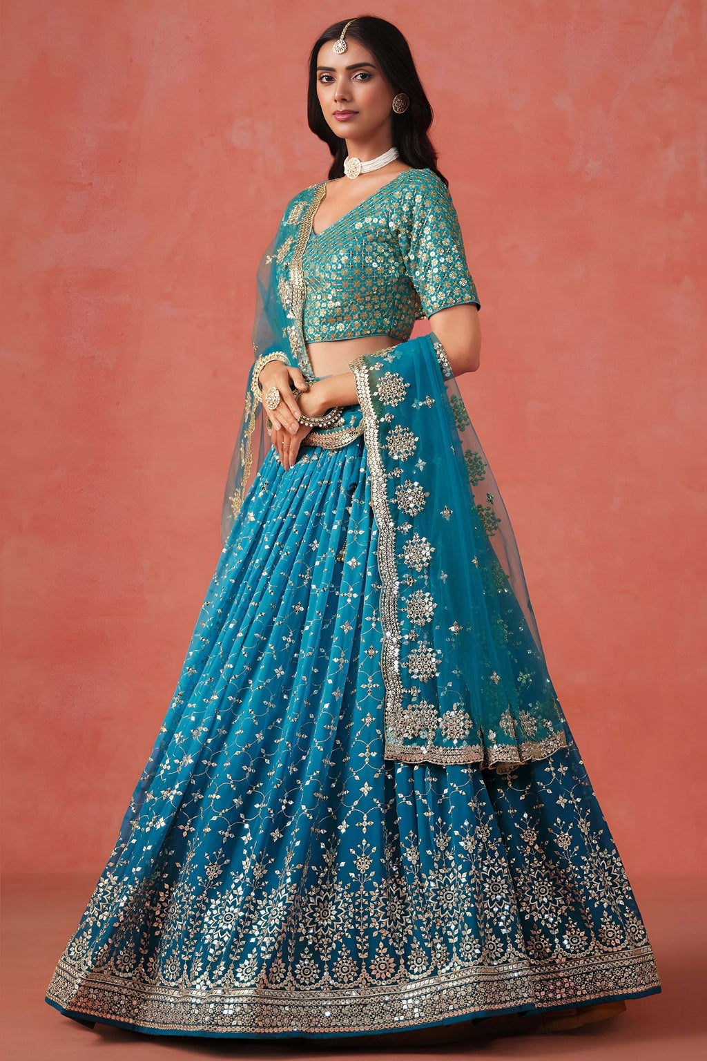 Teal Georgette Lehenga Choli For Indian & Pakistani Wedding Festival - Sequins & Thread Embroidery Work, Zari Work