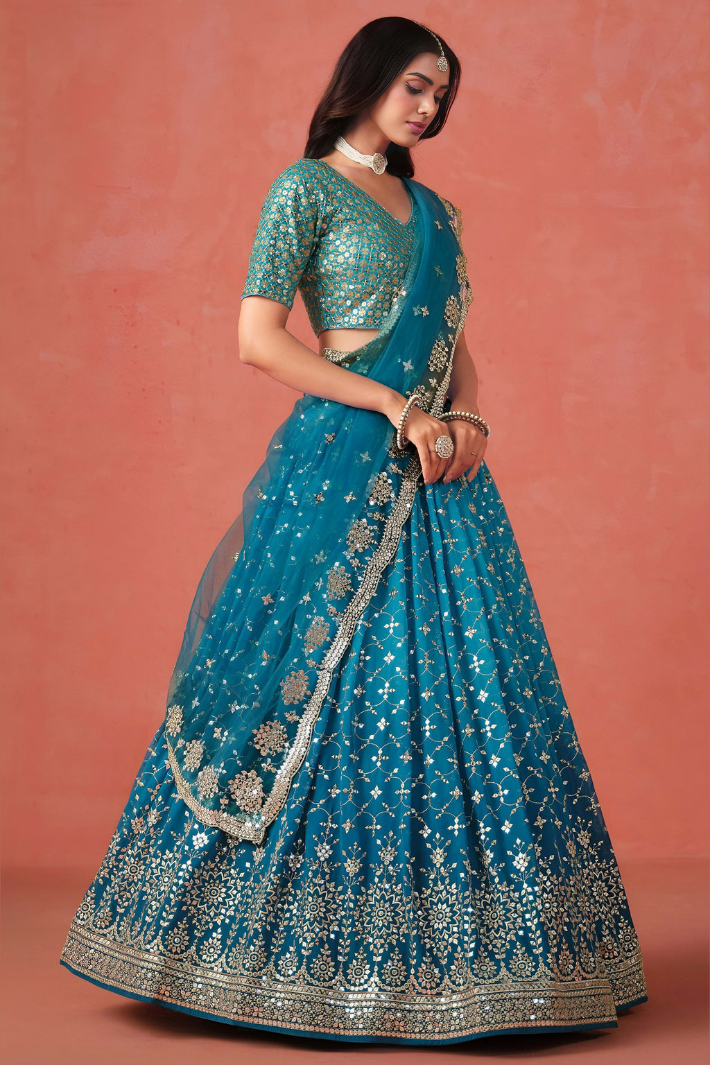 Teal Georgette Lehenga Choli For Indian & Pakistani Wedding Festival - Sequins & Thread Embroidery Work, Zari Work
