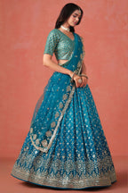 Teal Georgette Lehenga Choli For Indian & Pakistani Wedding Festival - Sequins & Thread Embroidery Work, Zari Work
