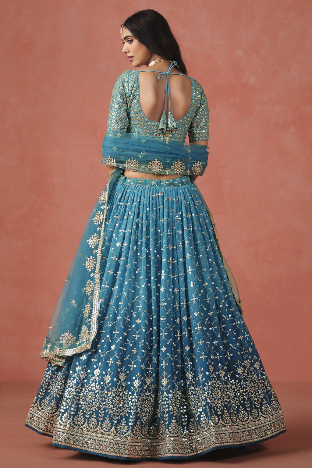 Teal Georgette Lehenga Choli For Indian & Pakistani Wedding Festival - Sequins & Thread Embroidery Work, Zari Work