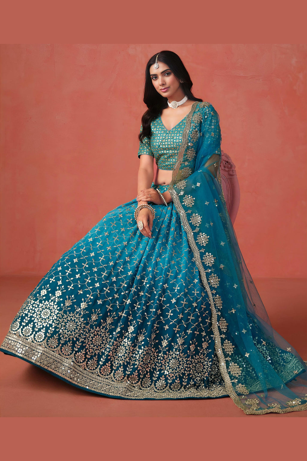 Teal Georgette Lehenga Choli For Indian & Pakistani Wedding Festival - Sequins & Thread Embroidery Work, Zari Work