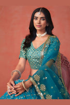 Teal Georgette Lehenga Choli For Indian & Pakistani Wedding Festival - Sequins & Thread Embroidery Work, Zari Work