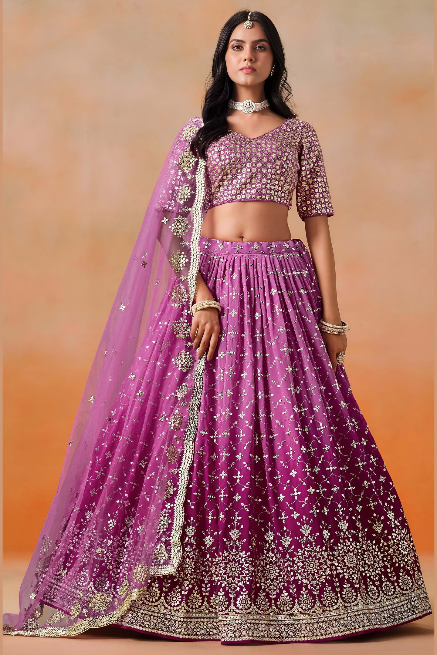 Pink Georgette Lehenga Choli For Indian & Pakistani Wedding Festival - Sequins & Thread Embroidery Work, Zari Work