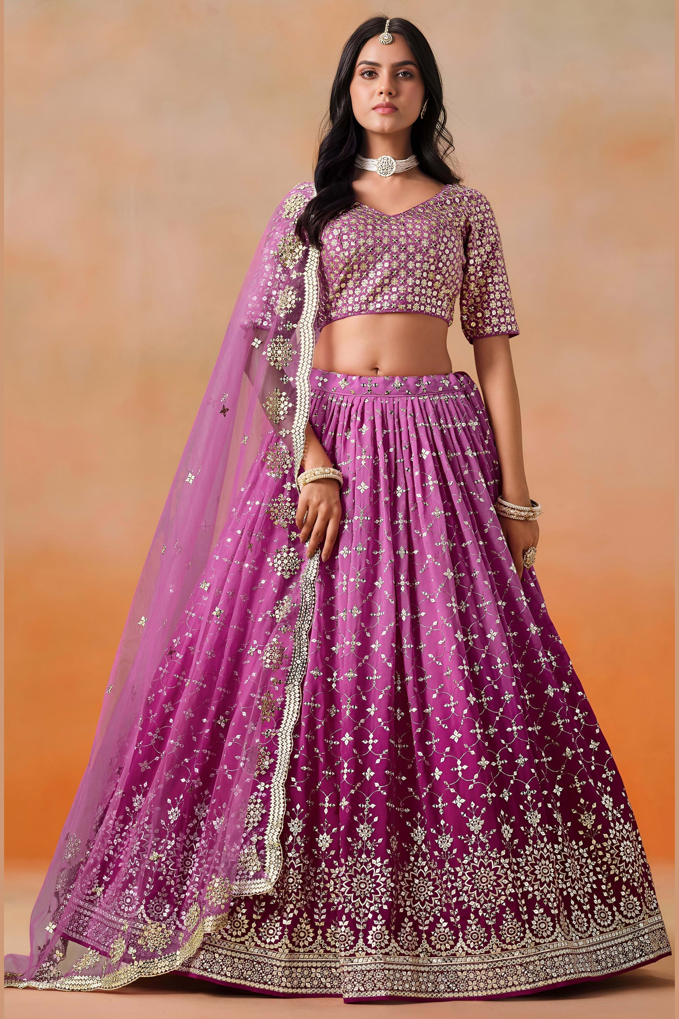 Pink Georgette Lehenga Choli For Indian & Pakistani Wedding Festival - Sequins & Thread Embroidery Work, Zari Work