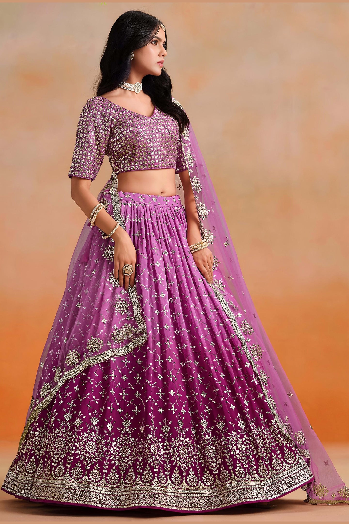 Pink Georgette Lehenga Choli For Indian & Pakistani Wedding Festival - Sequins & Thread Embroidery Work, Zari Work